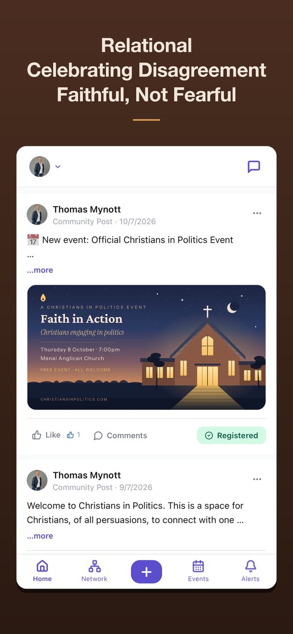 Home feed with a Faith in Action event post, under the values Relational, Celebrating Disagreement, Faithful Not Fearful